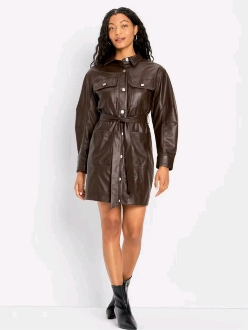 Women's Long Sleeve Faux Leather Mini Shirtdress - Future Collective Brown - Picture 2 of 14